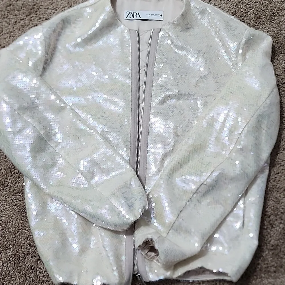 Zara Sequin Zip-Up Jacket in Cream